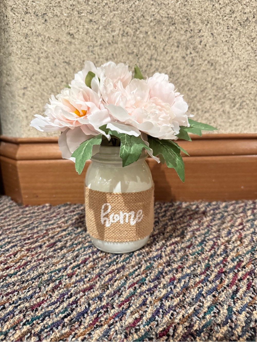 Burlap Jar Vase with Soft Pink Peonies